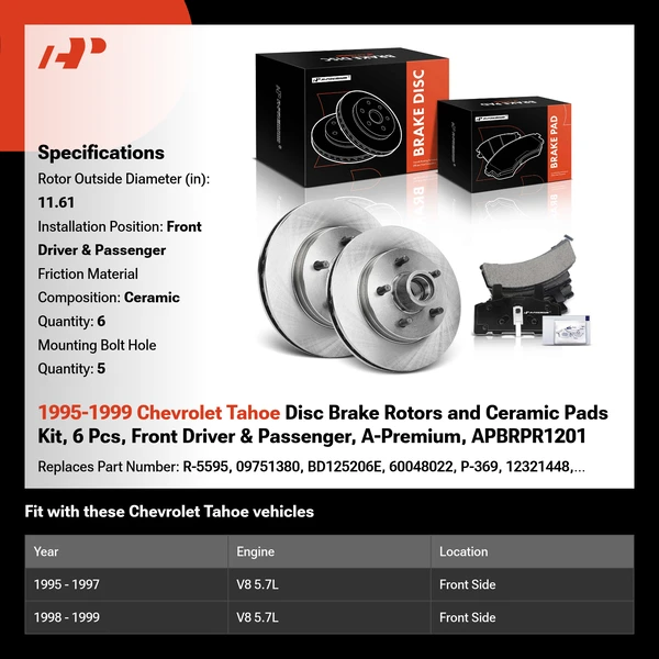 1995-1999 Chevrolet Tahoe Disc Brake Rotors and Ceramic Pads Kit, 6 Pcs, Front Driver & Passenger, A-Premium, APBRPR1201