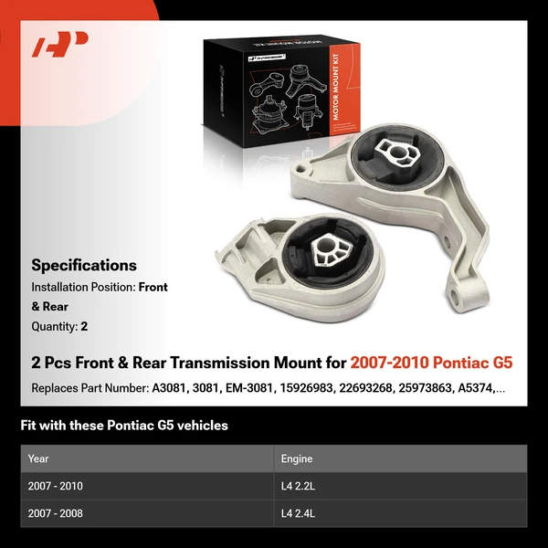 2 Pcs Front & Rear Transmission Mount for 2007-2010 Pontiac G5