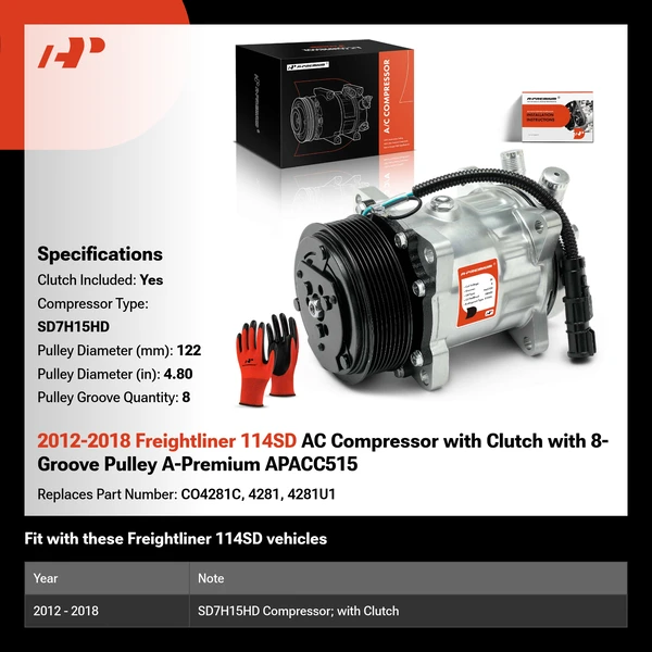 2012-2018 Freightliner 114SD AC Compressor with Clutch with 8-Groove Pulley A-Premium APACC515
