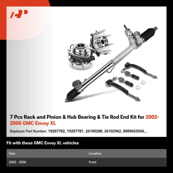 7 Pcs Rack and Pinion & Hub Bearing & Tie Rod End Kit for 2002-2006 GMC Envoy XL