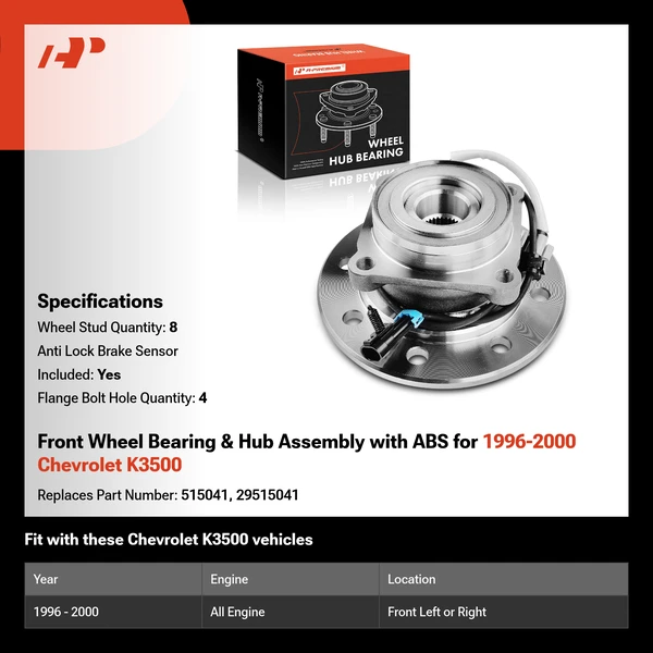 Front Wheel Bearing & Hub Assembly with ABS for 1996-2000 Chevrolet K3500