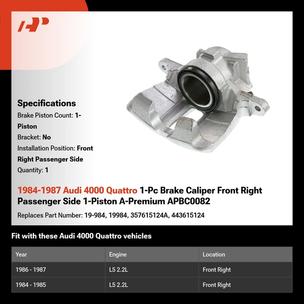 1984-1987 Audi 4000 Quattro 1-Pc Brake Caliper Front Right Passenger Side 1-Piston A-Premium APBC0082