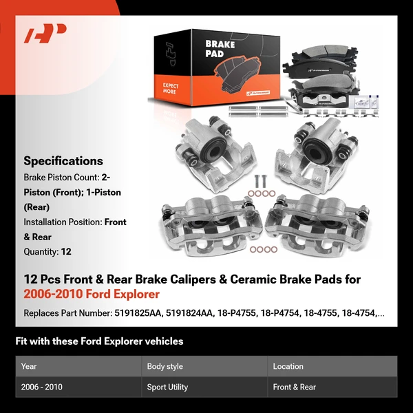 12 Pcs Front & Rear Brake Calipers & Ceramic Brake Pads for 2006-2010 Ford Explorer