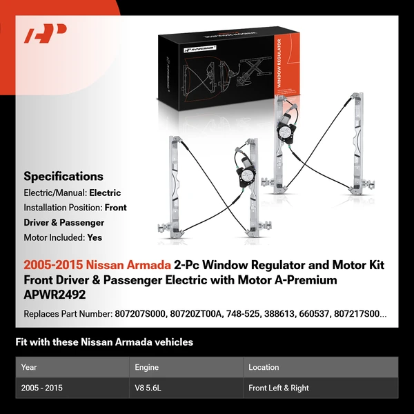 2005-2015 Nissan Armada 2-Pc Window Regulator and Motor Kit Front Driver & Passenger Electric with Motor A-Premium APWR2492