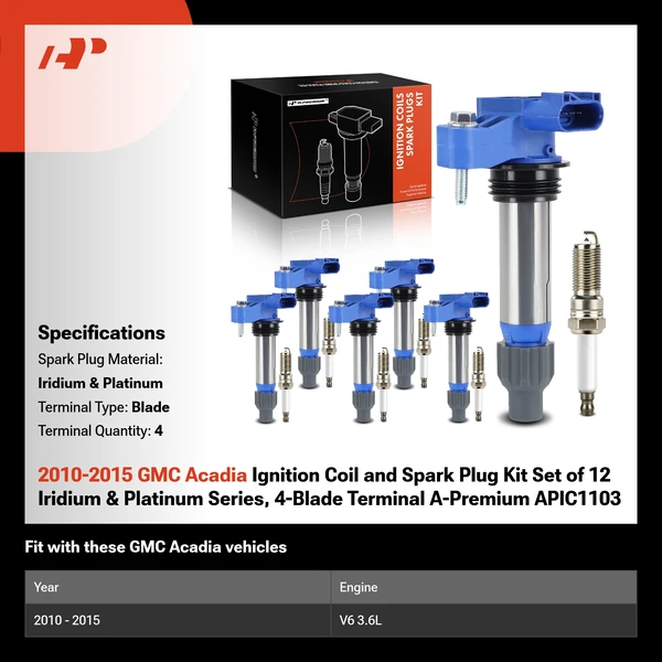 2010-2015 GMC Acadia Ignition Coil and Spark Plug Kit Set of 12 Iridium & Platinum Series, 4-Blade Terminal A-Premium APIC1103