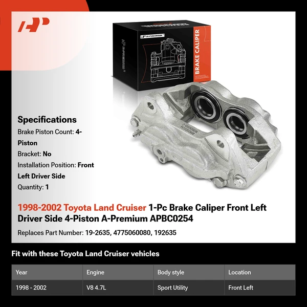 1998-2002 Toyota Land Cruiser 1-Pc Brake Caliper Front Left Driver Side 4-Piston A-Premium APBC0254