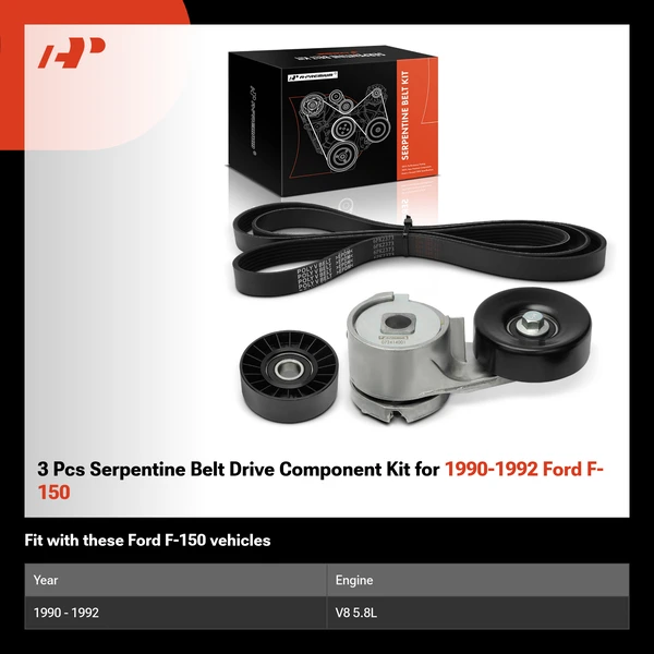 3 Pcs Serpentine Belt Drive Component Kit for 1990-1992 Ford F-150