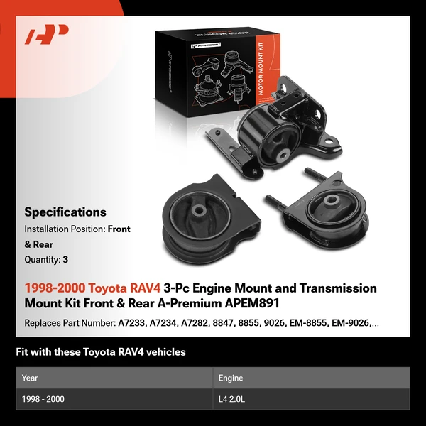1998-2000 Toyota RAV4 3-Pc Engine Mount and Transmission Mount Kit Front & Rear A-Premium APEM891