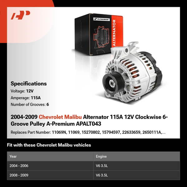 2004-2009 Chevrolet Malibu Alternator 115A 12V Clockwise 6-Groove Pulley A-Premium APALT043