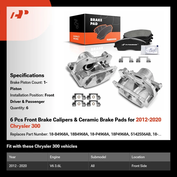 6 Pcs Front Brake Calipers & Ceramic Brake Pads for 2012-2020 Chrysler 300