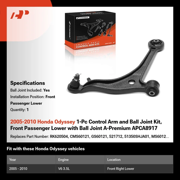 2005-2010 Honda Odyssey 1-Pc Control Arm and Ball Joint Kit, Front Passenger Lower with Ball Joint A-Premium APCA8917
