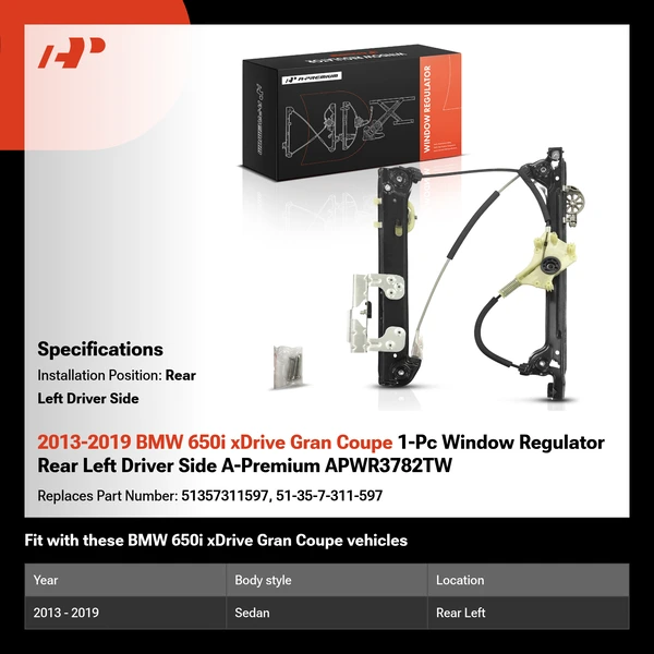 2013-2019 BMW 650i xDrive Gran Coupe 1-Pc Window Regulator Rear Left Driver Side A-Premium APWR3782TW