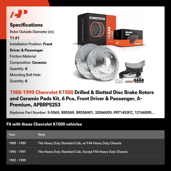 1988-1999 Chevrolet K1500 Drilled & Slotted Disc Brake Rotors and Ceramic Pads Kit, 6 Pcs, Front Driver & Passenger, A-Premium, APBRPS253
