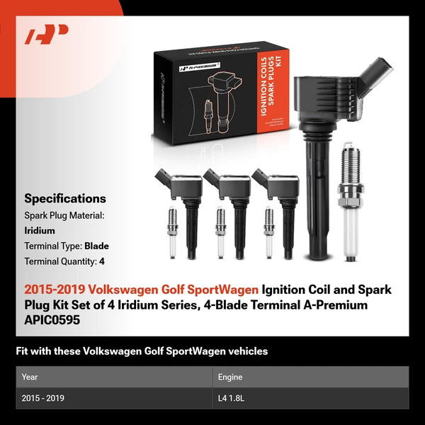 2015-2019 Volkswagen Golf SportWagen Ignition Coil and Spark Plug Kit Set of 4 Iridium Series, 4-Blade Terminal A-Premium APIC0595
