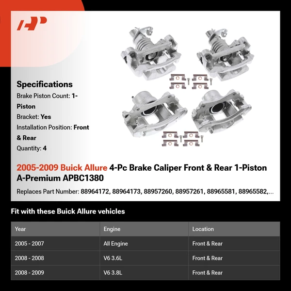 2005-2009 Buick Allure 4-Pc Brake Caliper Front & Rear 1-Piston A-Premium APBC1380