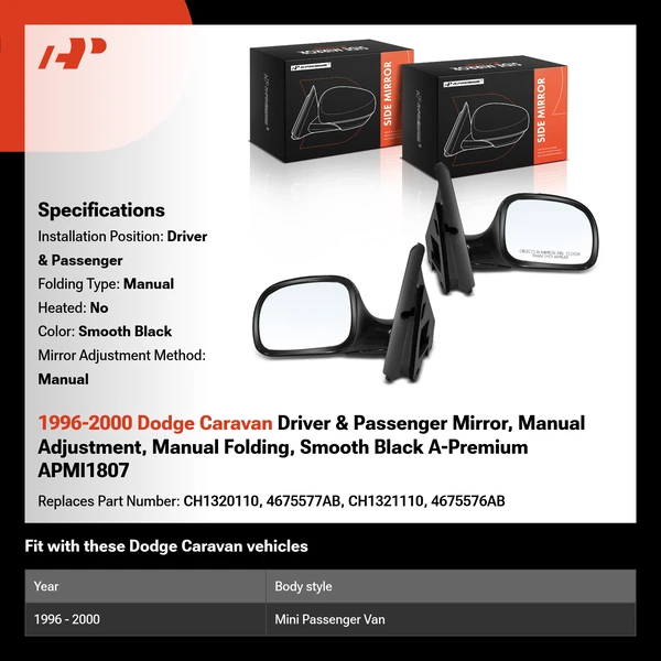 1996-2000 Dodge Caravan Driver & Passenger Mirror, Manual Adjustment, Manual Folding, Smooth Black A-Premium APMI1807