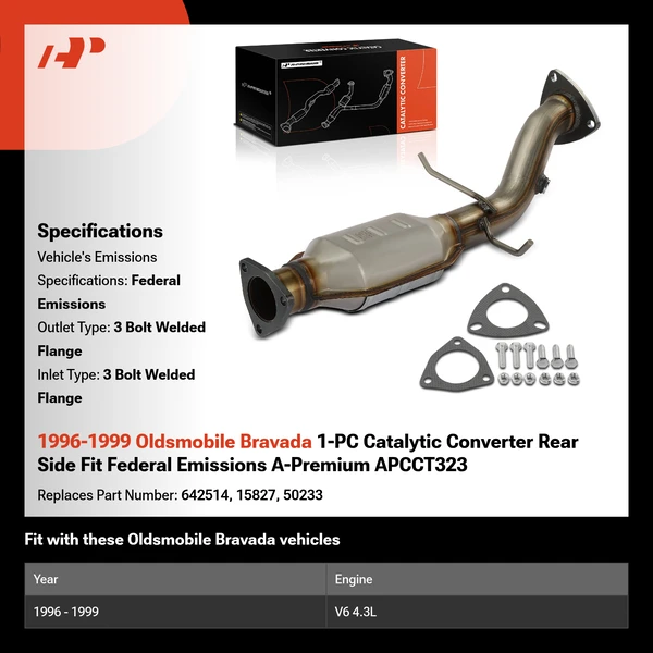 1996-1999 Oldsmobile Bravada 1-PC Catalytic Converter Rear Side Fit Federal Emissions A-Premium APCCT323