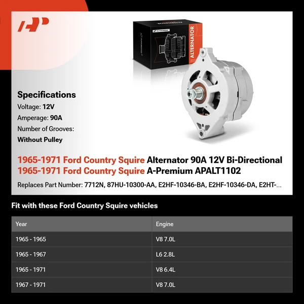 1965-1971 Ford Country Squire Alternator 90A 12V Bi-Directional 1965-1971 Ford Country Squire A-Premium APALT1102