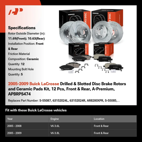 2005-2009 Buick LaCrosse Drilled & Slotted Disc Brake Rotors and Ceramic Pads Kit, 12 Pcs, Front & Rear, A-Premium, APBRPS474