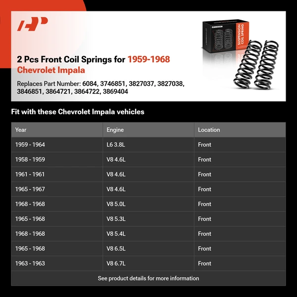 2 Pcs Front Coil Springs for 1959-1968 Chevrolet Impala