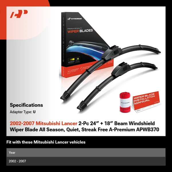 2002-2007 Mitsubishi Lancer 2-Pc 24″ + 18″ Beam Windshield Wiper Blade All Season, Quiet, Streak Free A-Premium APWB370
