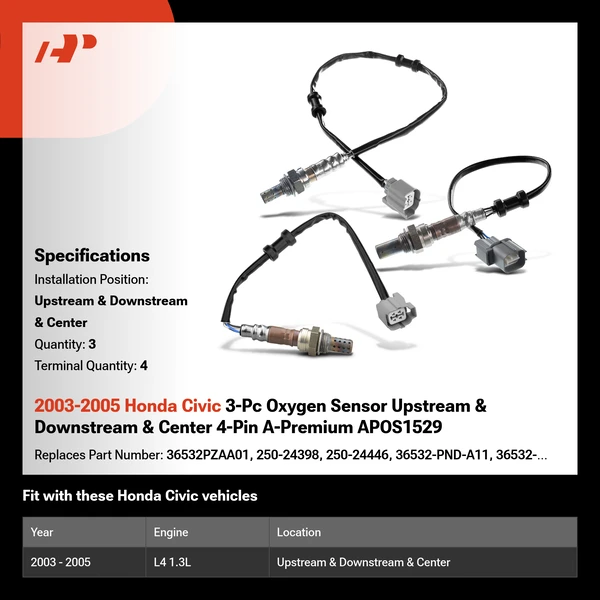 2003-2005 Honda Civic 3-Pc Oxygen Sensor Upstream & Downstream & Center 4-Pin A-Premium APOS1529