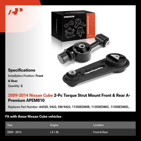 2009-2014 Nissan Cube 2-Pc Torque Strut Mount Front & Rear A-Premium APEM810