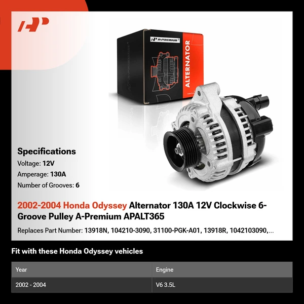 2002-2004 Honda Odyssey Alternator 130A 12V Clockwise 6-Groove Pulley A-Premium APALT365