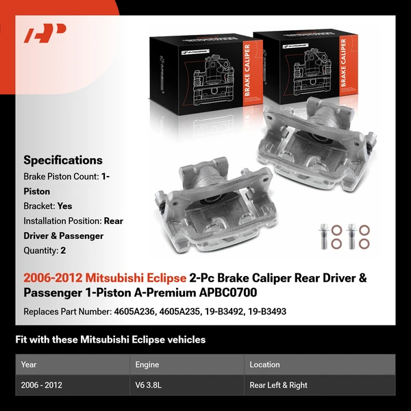 2006-2012 Mitsubishi Eclipse 2-Pc Brake Caliper Rear Driver & Passenger 1-Piston A-Premium APBC0700