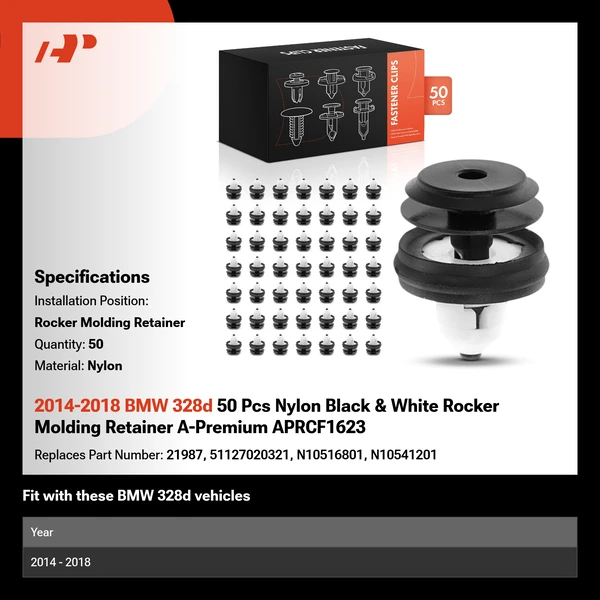 2014-2018 BMW 328d 50 Pcs Nylon Black & White Rocker Molding Retainer A-Premium APRCF1623
