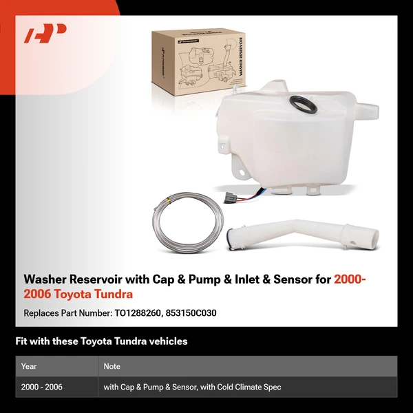 Washer Reservoir with Cap & Pump & Inlet & Sensor for 2000-2006 Toyota Tundra