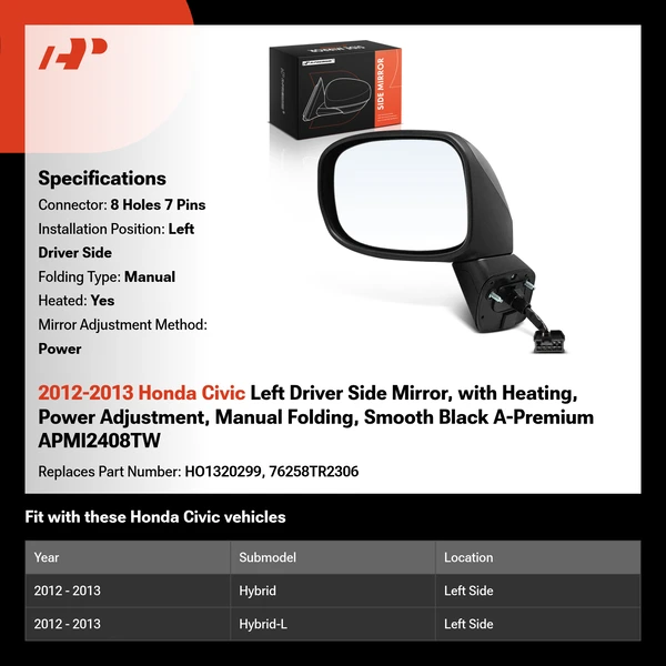 2012-2013 Honda Civic Left Driver Side Mirror, with Heating, Power Adjustment, Manual Folding, Smooth Black A-Premium APMI2408TW