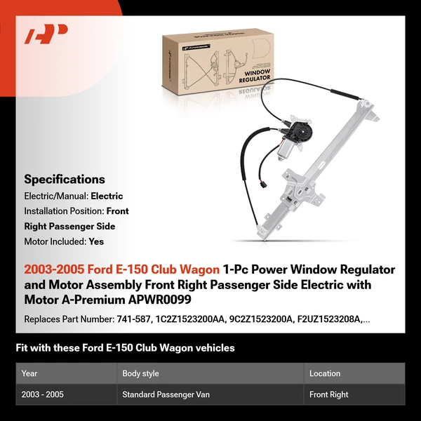 2003-2005 Ford E-150 Club Wagon 1-Pc Power Window Regulator and Motor Assembly Front Right Passenger Side Electric with Motor A-Premium APWR0099