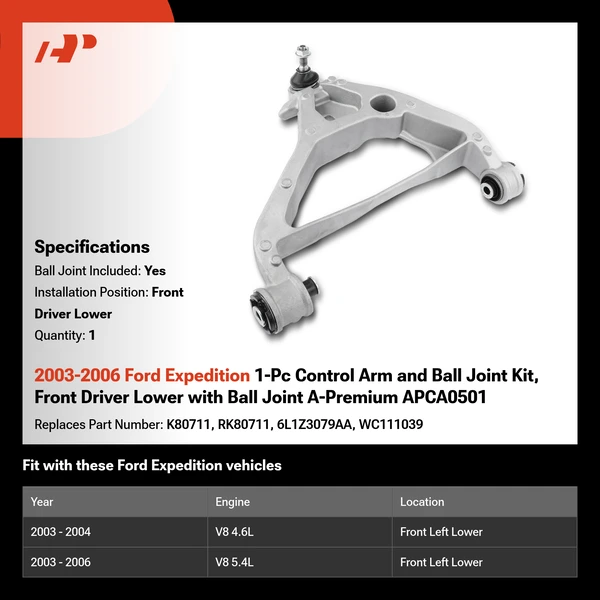 2003-2006 Ford Expedition 1-Pc Control Arm and Ball Joint Kit, Front Driver Lower with Ball Joint A-Premium APCA0501