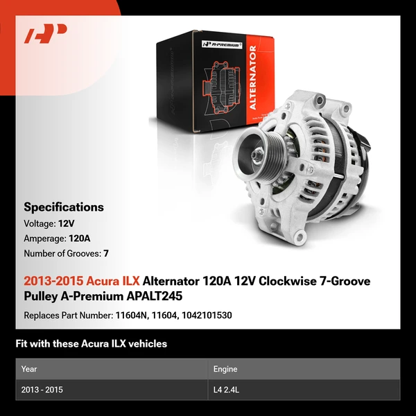2013-2015 Acura ILX Alternator 120A 12V Clockwise 7-Groove Pulley A-Premium APALT245