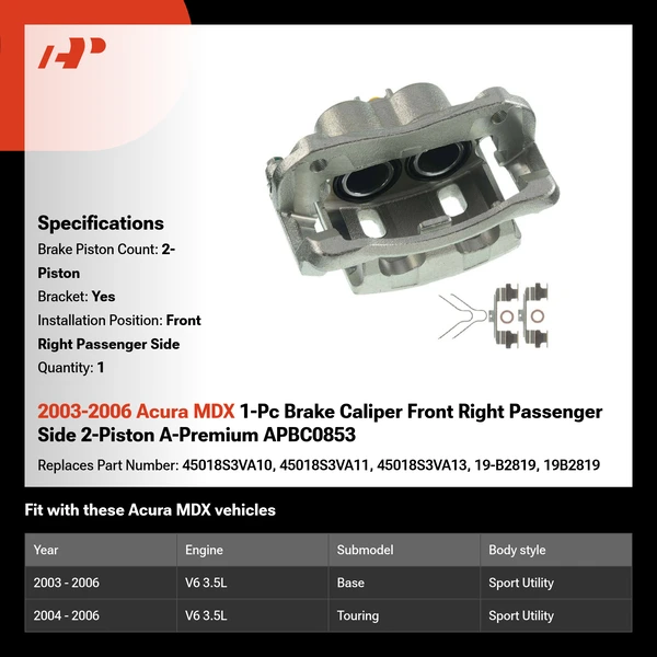 2003-2006 Acura MDX 1-Pc Brake Caliper Front Right Passenger Side 2-Piston A-Premium APBC0853