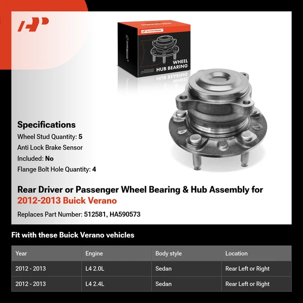 Rear Driver or Passenger Wheel Bearing & Hub Assembly for 2012-2013 Buick Verano