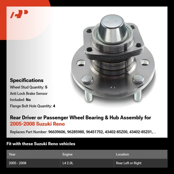 Rear Driver or Passenger Wheel Bearing & Hub Assembly for 2005-2008 Suzuki Reno