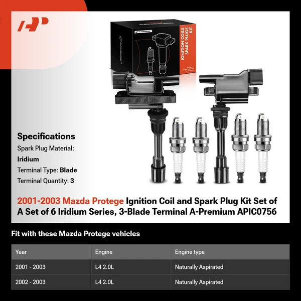 2001-2003 Mazda Protege Ignition Coil and Spark Plug Kit Set of A Set of 6 Iridium Series, 3-Blade Terminal A-Premium APIC0756