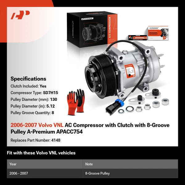 2006-2007 Volvo VNL AC Compressor with Clutch with 8-Groove Pulley A-Premium APACC754