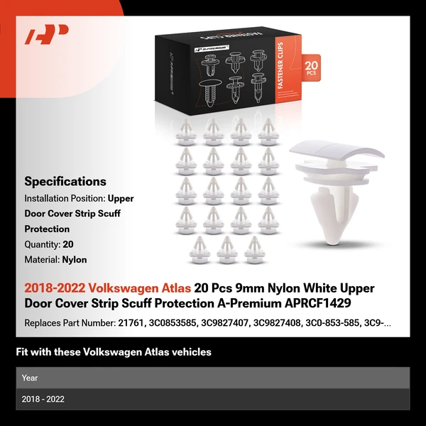 2018-2022 Volkswagen Atlas 20 Pcs 9mm Nylon White Upper Door Cover Strip Scuff Protection A-Premium APRCF1429