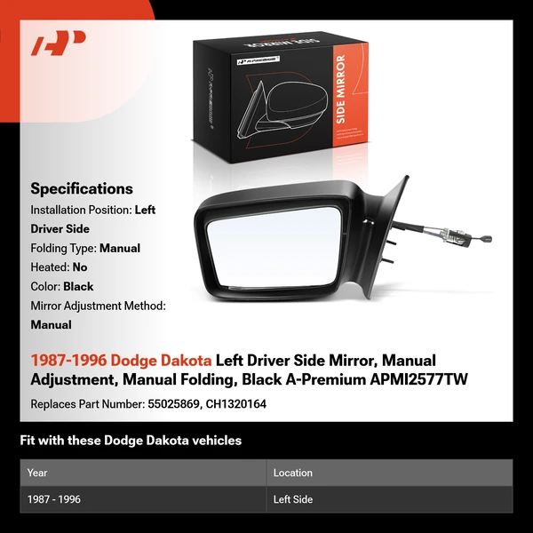 1987-1996 Dodge Dakota Left Driver Side Mirror, Manual Adjustment, Manual Folding, Black A-Premium APMI2577TW