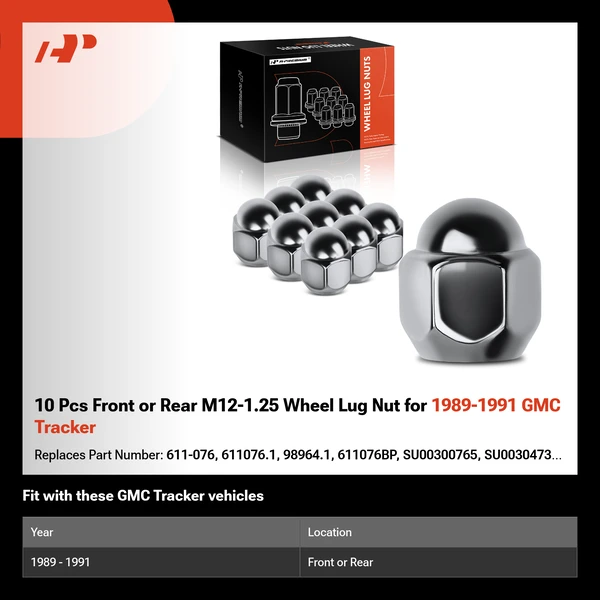 10 Pcs Front or Rear M12-1.25 Wheel Lug Nut for 1989-1991 GMC Tracker