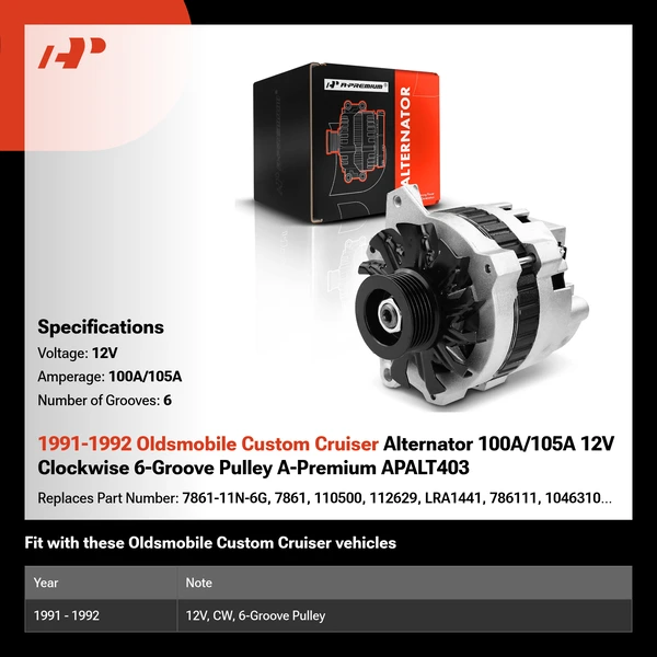 1991-1992 Oldsmobile Custom Cruiser Alternator 100A/105A 12V Clockwise 6-Groove Pulley A-Premium APALT403