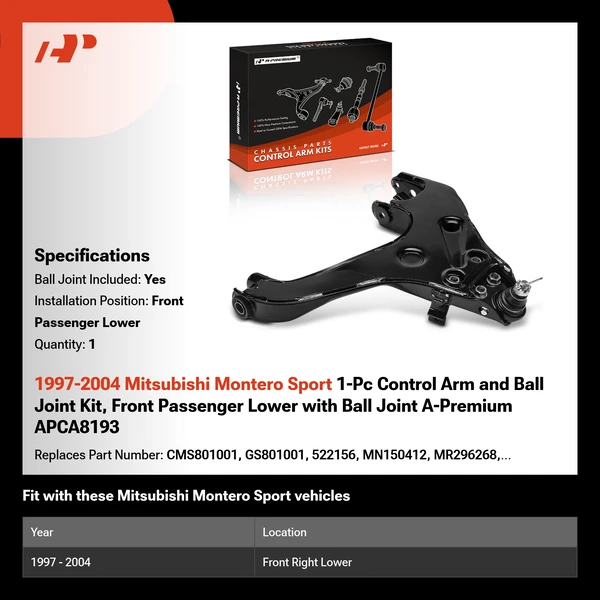 1997-2004 Mitsubishi Montero Sport 1-Pc Control Arm and Ball Joint Kit, Front Passenger Lower with Ball Joint A-Premium APCA8193