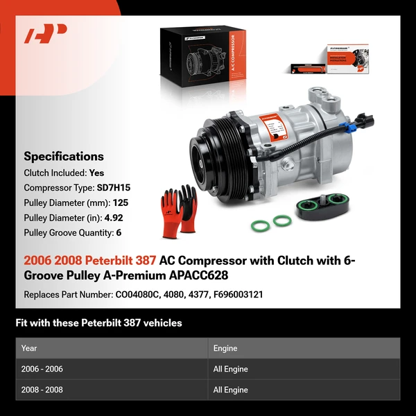 2006 2008 Peterbilt 387 AC Compressor with Clutch with 6-Groove Pulley A-Premium APACC628