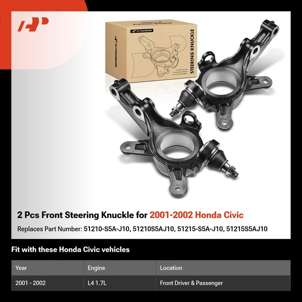2 Pcs Front Steering Knuckle for 2001-2002 Honda Civic