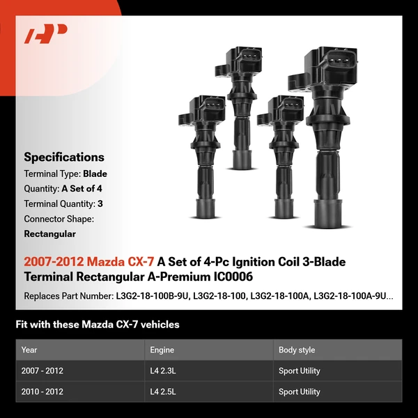 2007-2012 Mazda CX-7 A Set of 4-Pc Ignition Coil 3-Blade Terminal Rectangular A-Premium IC0006