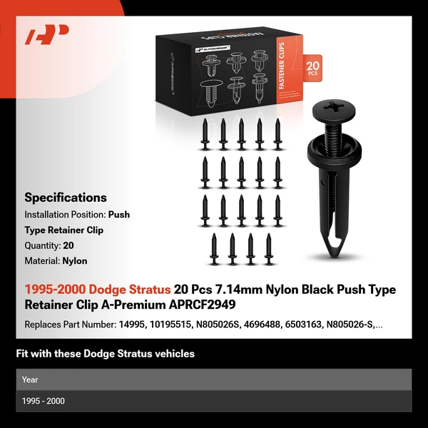 1995-2000 Dodge Stratus 20 Pcs 7.14mm Nylon Black Push Type Retainer Clip A-Premium APRCF2949