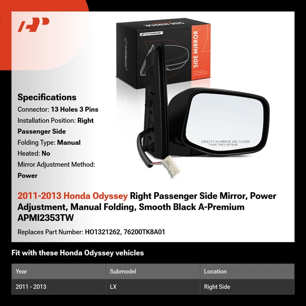 2011-2013 Honda Odyssey Right Passenger Side Mirror, Power Adjustment, Manual Folding, Smooth Black A-Premium APMI2353TW